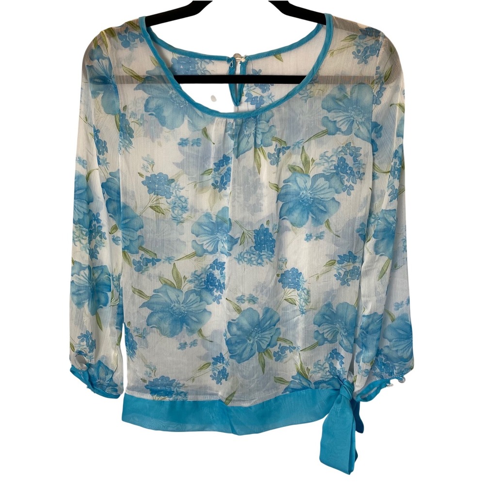 Sheer Floral Blouse Womens Medium Side Tie Long Sleeve Boho Festival Fairy Chic